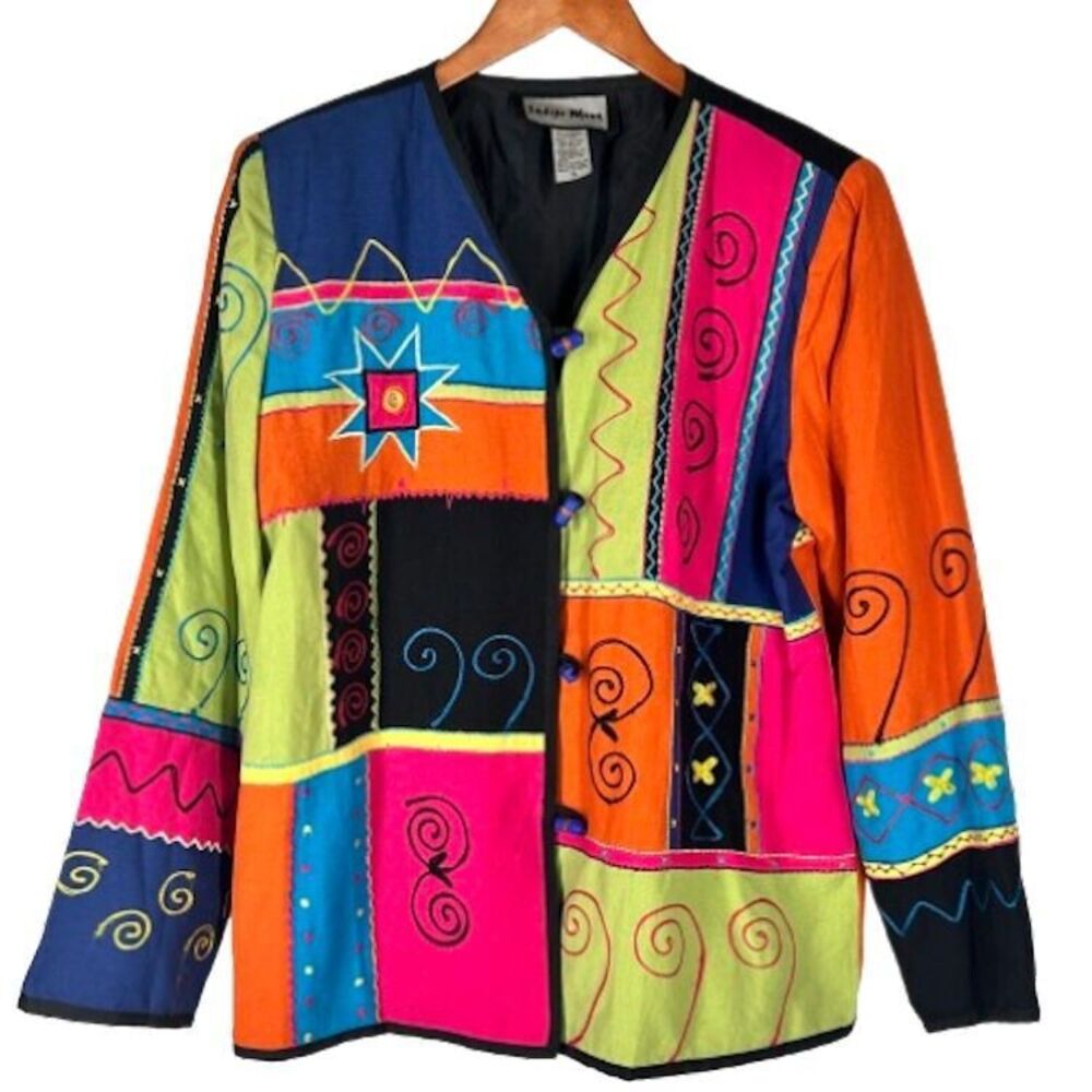 Indigo Moon Jacket S Lightweight Colorful Art to Wear Ceramic Toggle Buttons